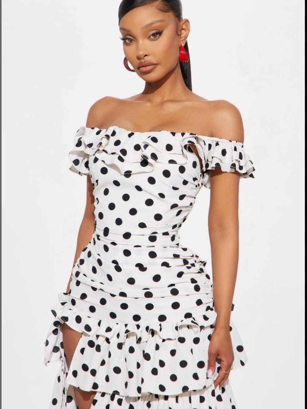 Fashion Nova White & Black Polka Dot One-Shoulder Ruffle Maxi Dress - Picture 8 of 11